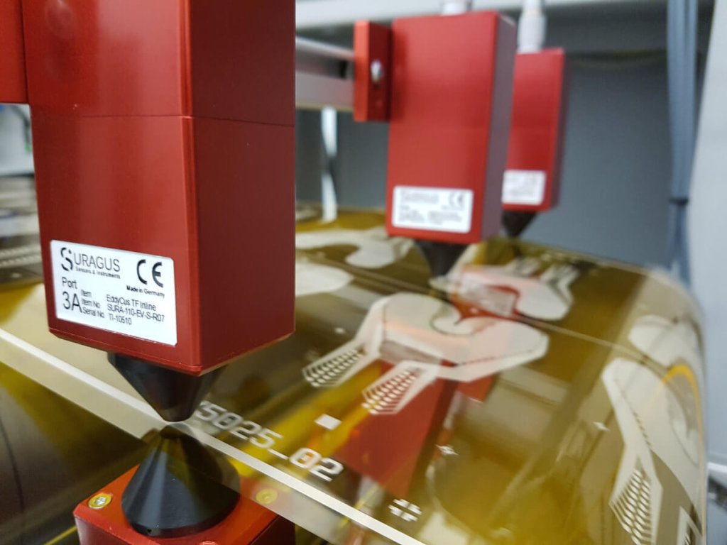 3 lanes non-contact eddy current sensors EddyCus® inline TM printed electronics measurement at heidelberger
